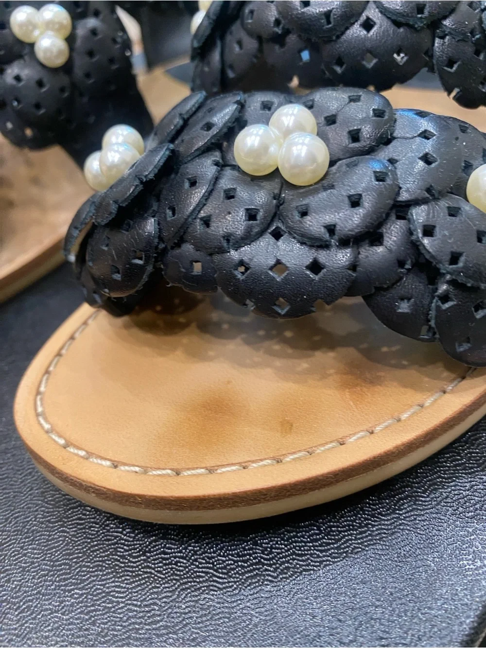 CHANEL G30545 Black Leather Pearl Camellia Sandals Size 37.5 / US 7.5 w/ Box